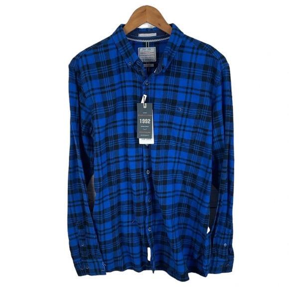 BF1192 NWT Mens Denim & Flower Slim Fit Plaid Flannel Button Down Shirt L - Picture 1 of 6